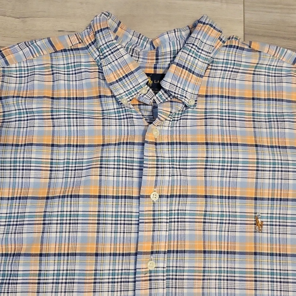 Ralph Lauren Shirt Mens 3XB Blue Orange Plaid Oxford Classic Fit Button Down